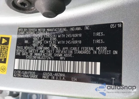 2018 Toyota Highlander Le из США, поврежденный, VIN 5TDZZRFH8JS272471